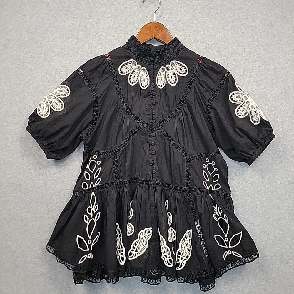 Forever That Girl Anthropologie Black Blouse Top With Lace Embroidery Boho XS‎